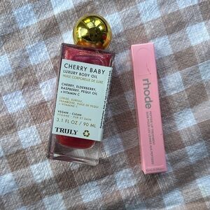 RHODE vanilla peptide lip treatment & TRULY Cherry Baby Luxury Body Oil